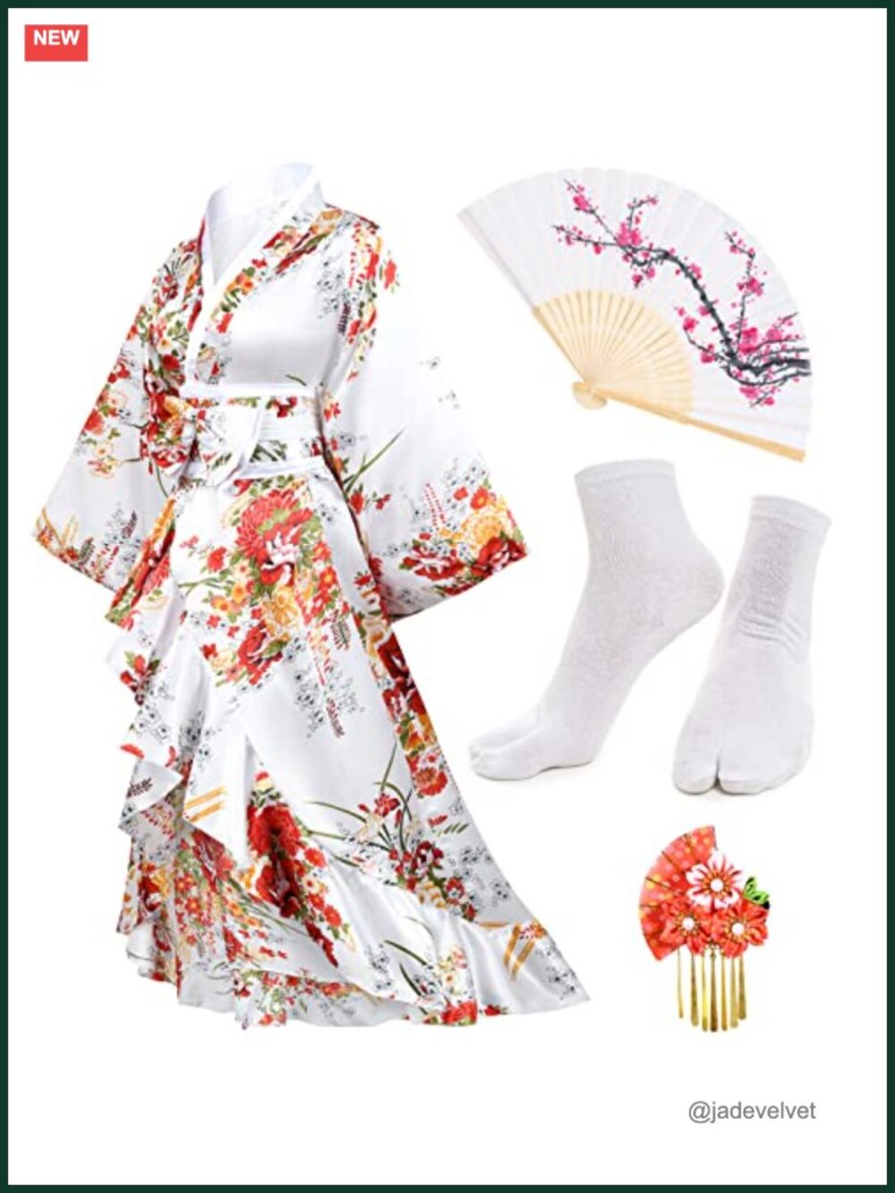 Satin Kimono Robe Set Geisha Yukata Cosplay Sleepwear with Fans Socks